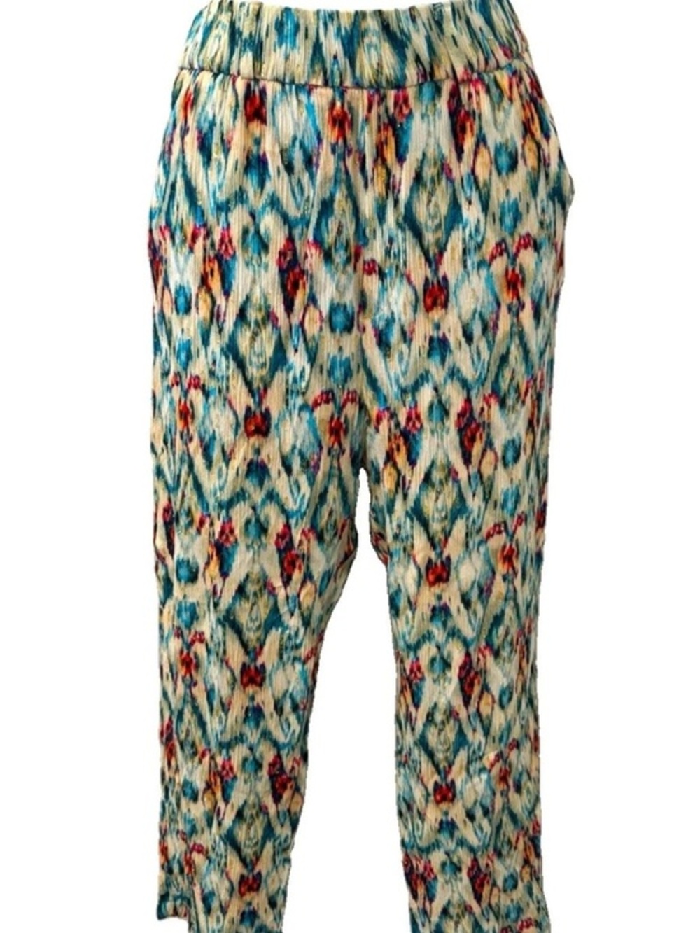 Zara XS, Patterned Ikat Print Relaxed ankle Pants - Teal, Cream & Red